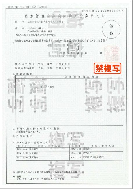 許可証一覧 | 株式会社山陽レック